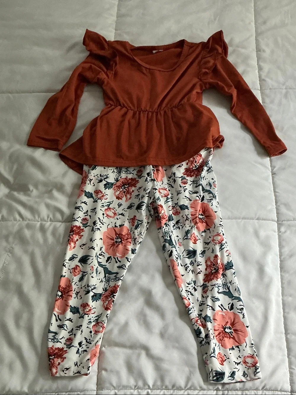 Rust Long Sleeve Peplum Top & Floral Leggings Set